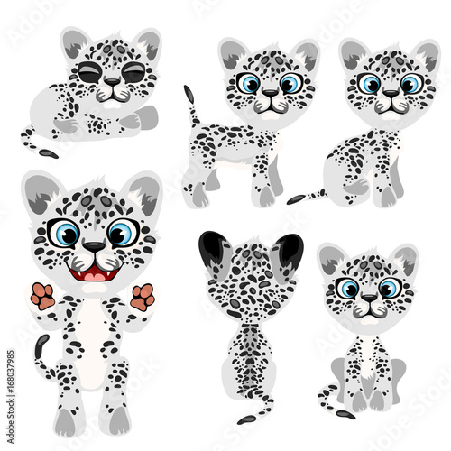 Fototapeta Naklejka Na Ścianę i Meble -  Spotted gray tiger cub in different poses and mood. Vector illustration in cartoon style on white background for animation, games, veterinary projects, childrens books and other design needs