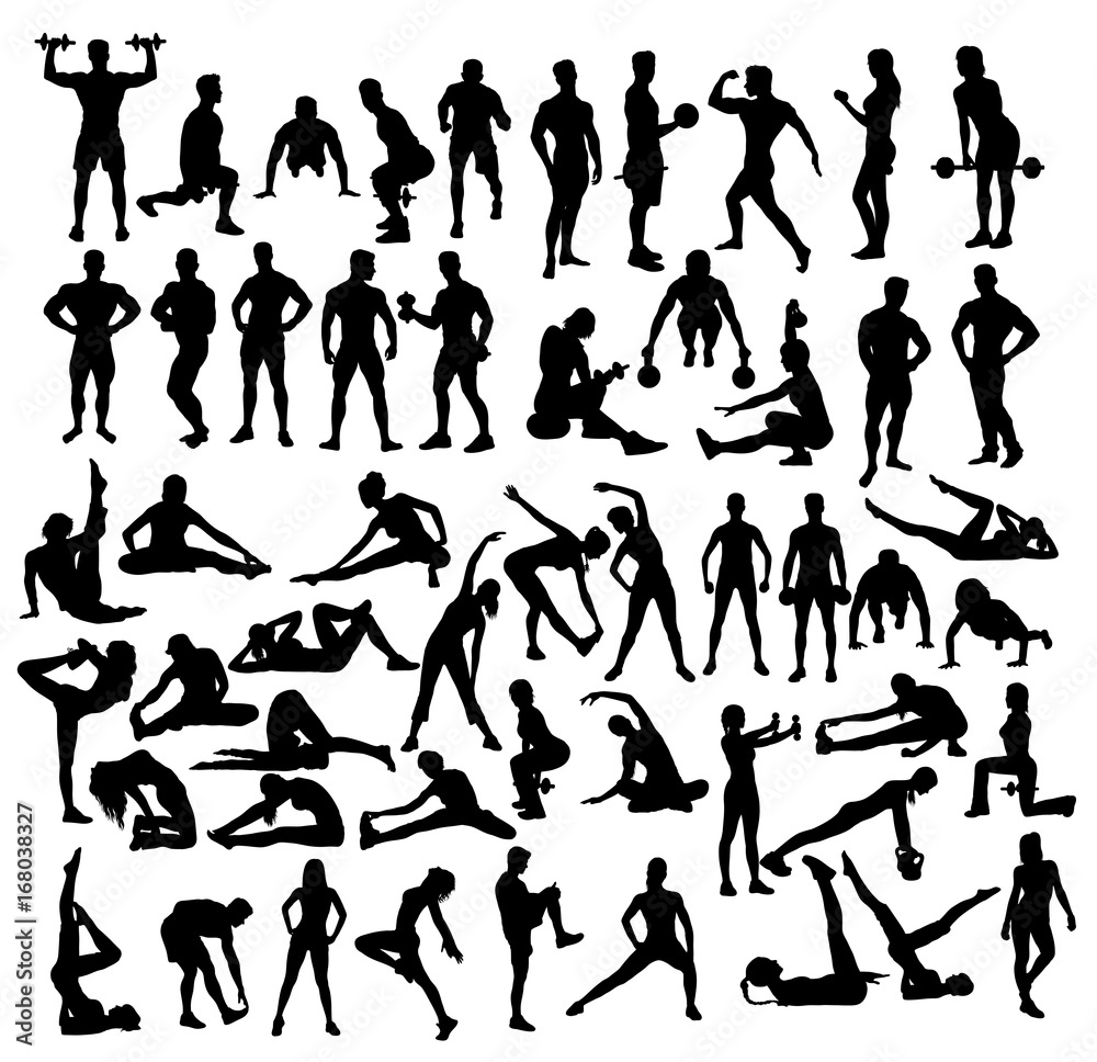 Gym Fitness Exercise and Weightlifter Activity Silhouettes, art vector design 
