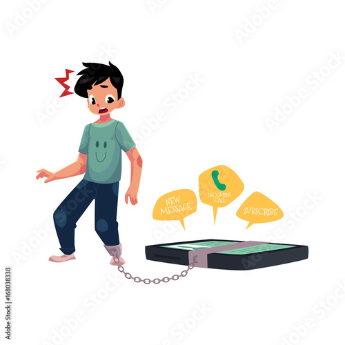 Teenage boy with huge smartphone chained to leg, phone dependence concept, cartoon vector illustration isolated on white background. Boy chained to huge phone, dependence on likes, calls, messages