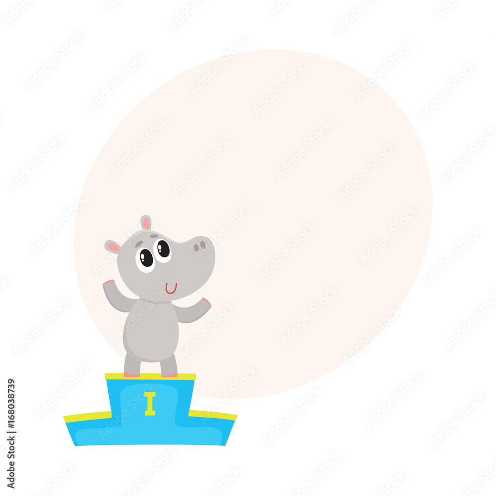 Fototapeta premium Cute little hippo character, champion standing on top of the winner pedestal, cartoon vector illustration with space for text. Baby hippo champion waving from winner pedestal
