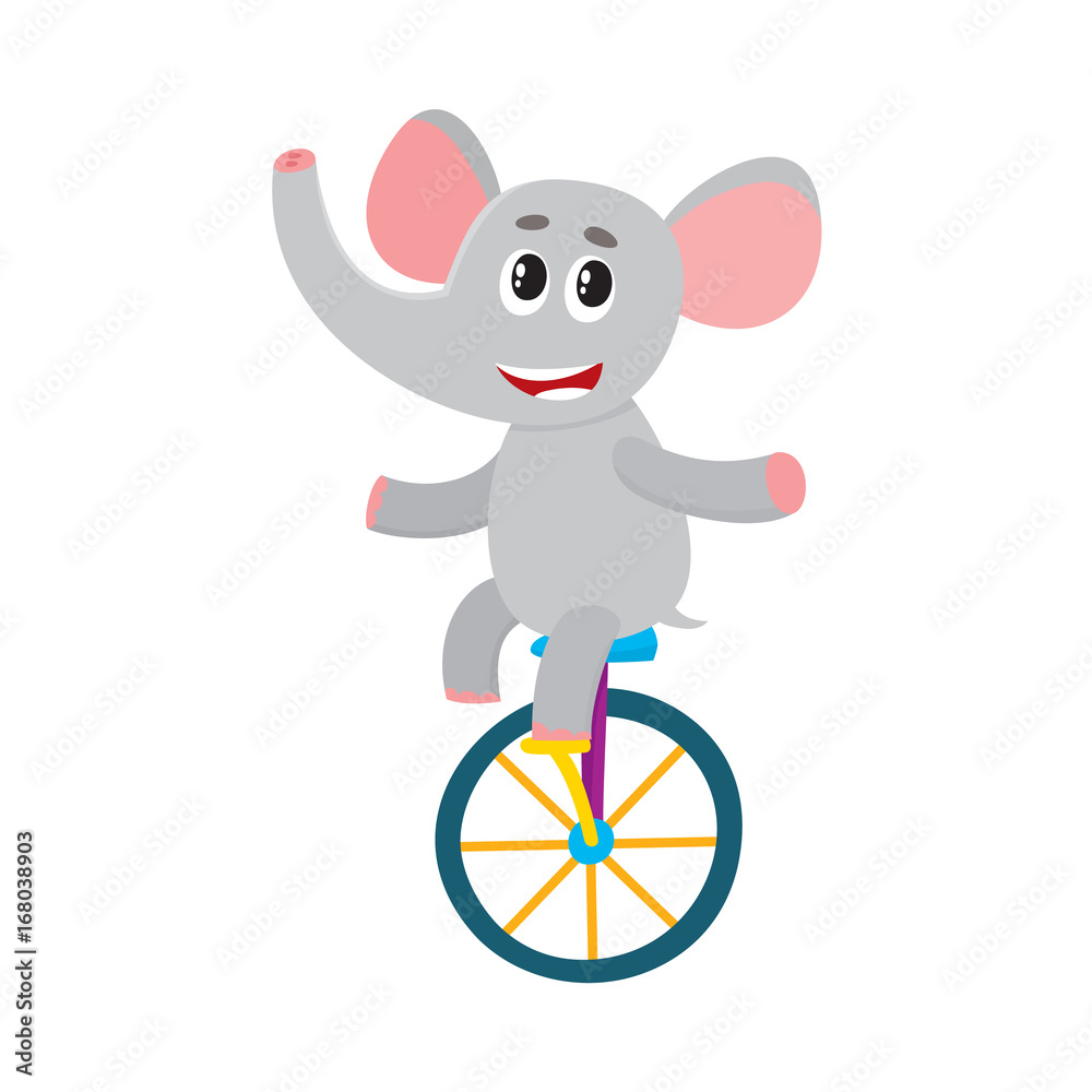 Cute little elephant character riding bicycle, unicycle, cycling, cartoon  vector illustration isolated on white background. Little baby elephant  animal character riding bike, bicycle, unicycle Stock Vector | Adobe Stock