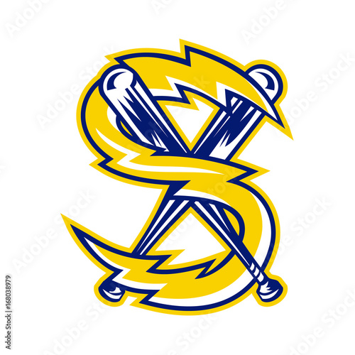 Crossed Baseball Bat With Electric Lightning Bolt Retro