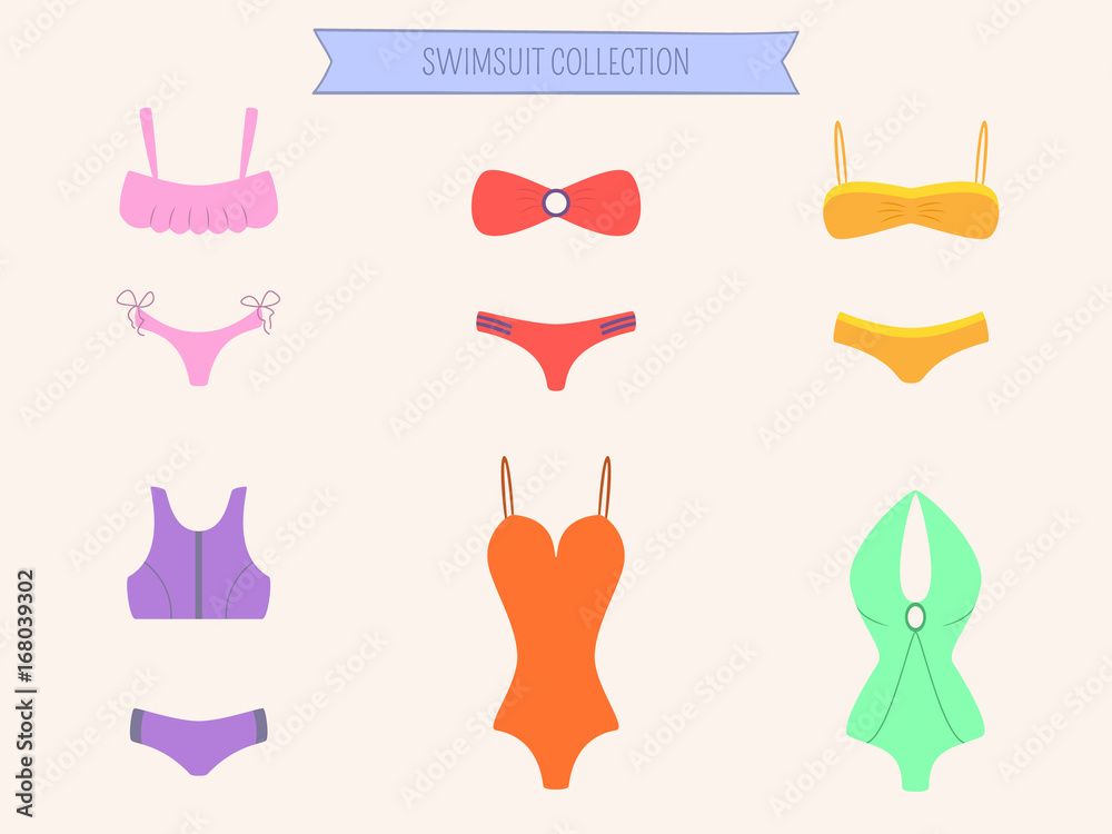 Women colorful swimsuit set. Bikini and monokini collection. Female swimwear