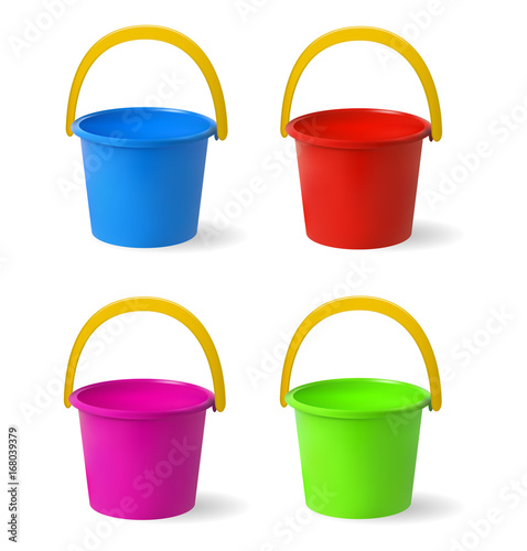 Colored baby buckets. A set of multi-colored buckets for playing in sandbox. Isolated objects on white background. Vector illustration.