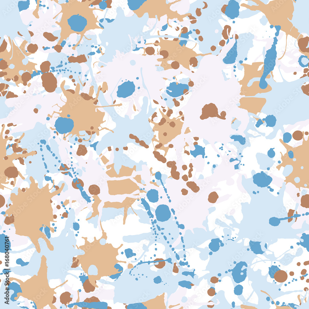 Fototapeta premium Blue beige brown white ink paint splashes seamless pattern