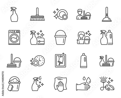 Cleaning line icons. Laundry, Sponge and Vacuum.