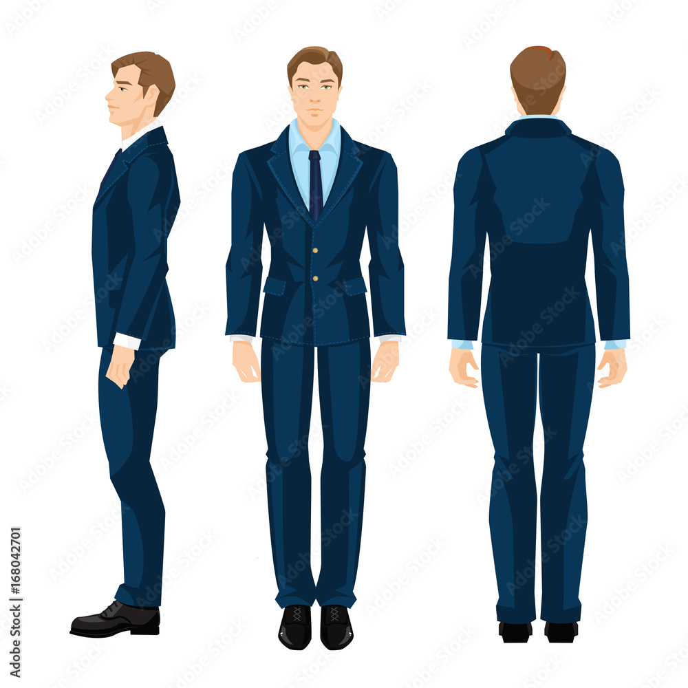 Vector illustration of business man in formal blue shirt and suit isolated on white background. Various turns man's figure. Side view, front and back view