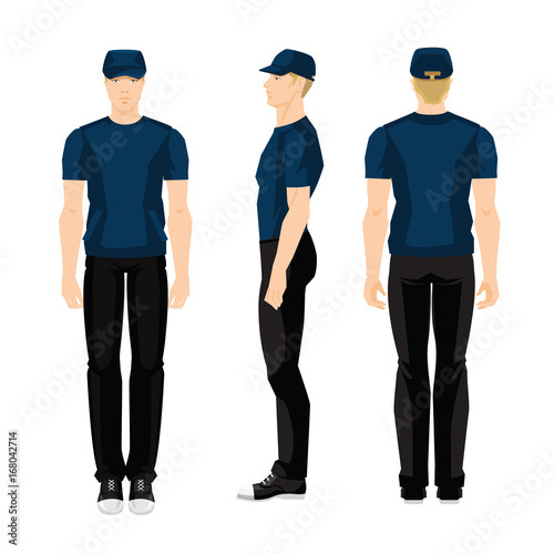 Vector illustration of young man in sport clothes isolated on white background. Various turns man's figure. Front view, side view and back view.