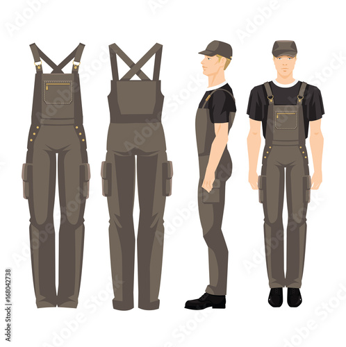 Man worker in uniform isolated on white background. Various turns man's figure. Front view, side view.