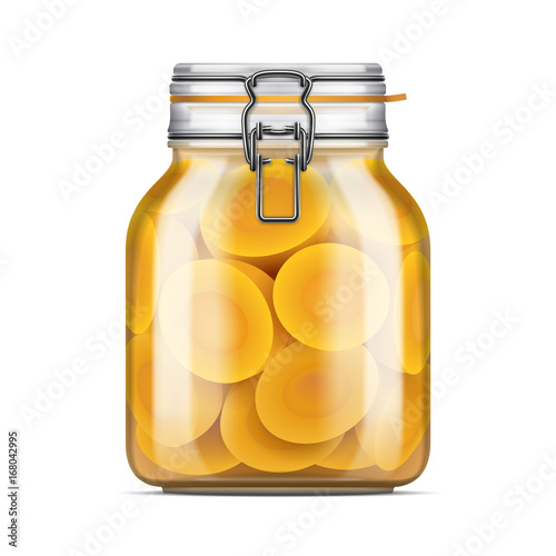 Vector Swing Top Bale Glass Jar filled with sliced peaches in juice. Realistic mockup illustration.