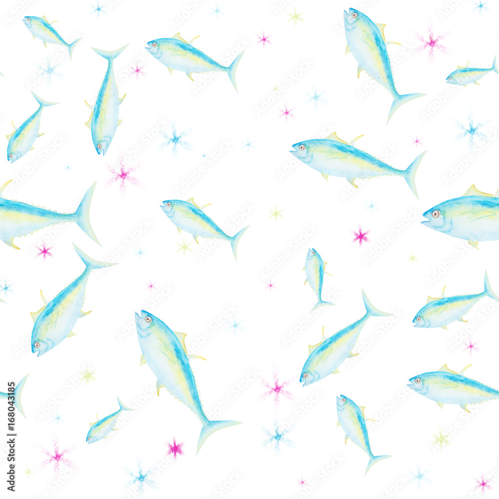 Watercolor hand painting blue and yellow fish on white background