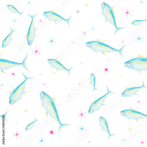 Watercolor hand painting blue and yellow fish on white background