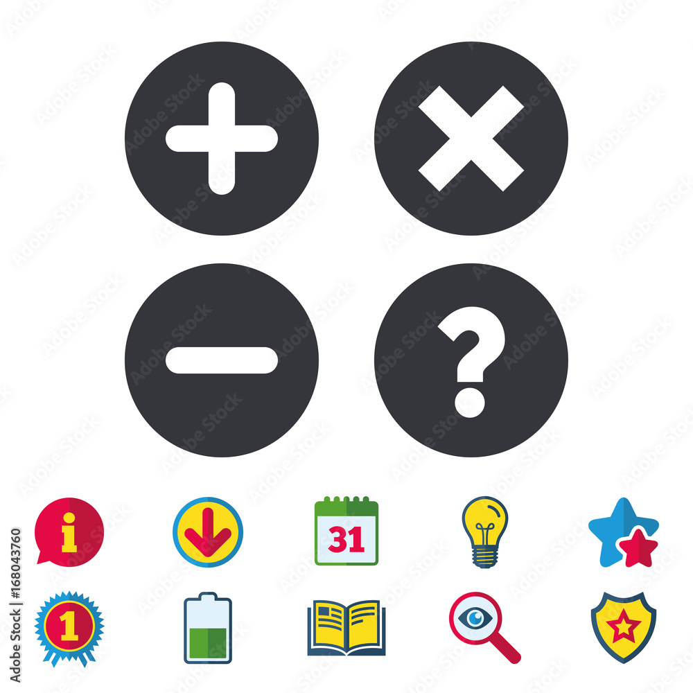 Plus and minus icons. Question FAQ symbol. Plus and minus icons. Question FAQ symbol.