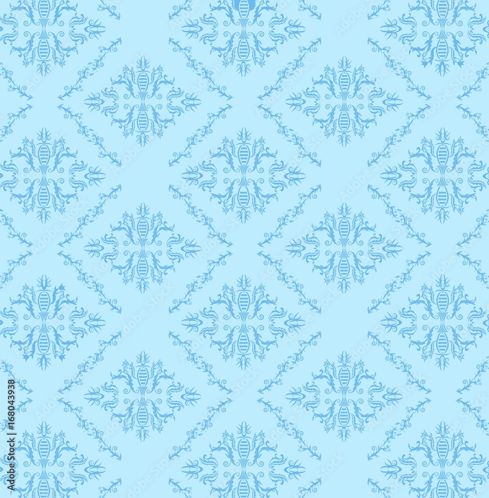Seamless Damask Pattern Blue Background, Vector, Illustration, Eps File