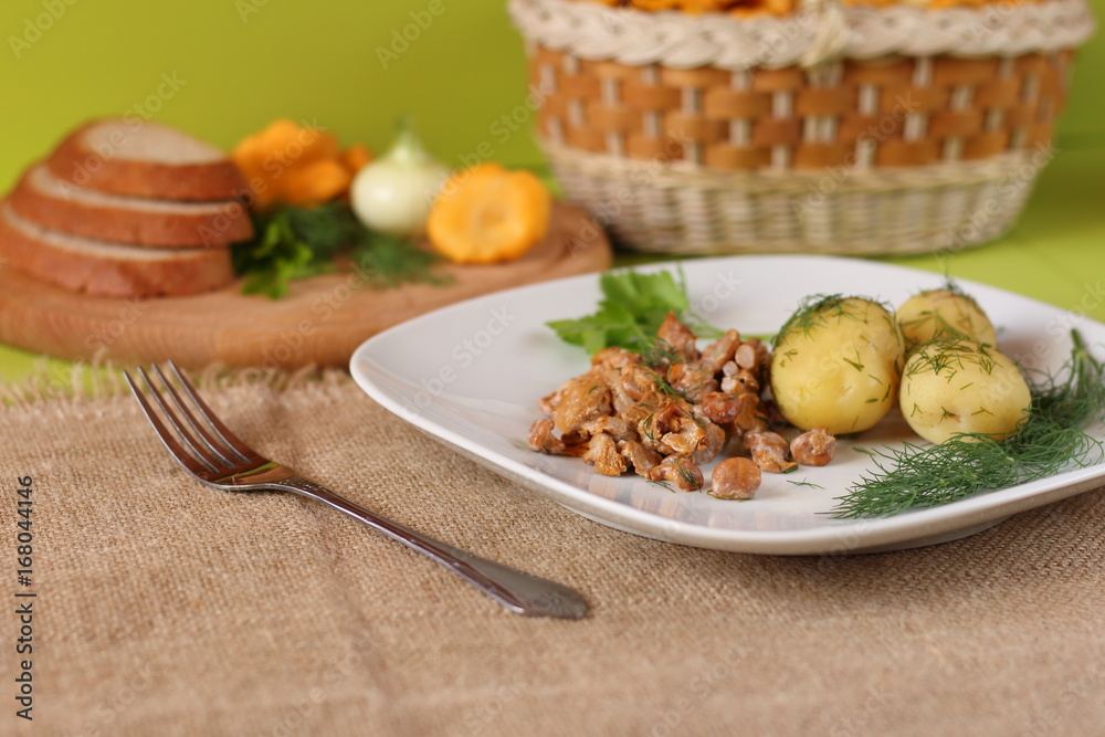 Fried chanterelles and boiled potatoes with dill are served on a white ceramic plate. Natural food from mushrooms and vegetables on a green wooden background. Fried chanterelles and boiled potatoes with dill are served on a white ceramic plate. Natural food from mushrooms and vegetables on a green wooden background.