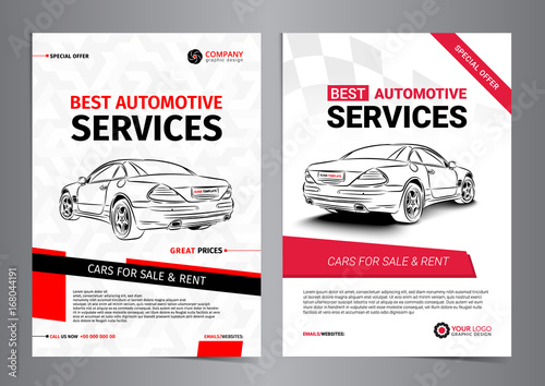 Set of AUTOMOTIVE SERVICES layout templates, cars for sale & rent brochure, mockup flyer. Vector illustration.
