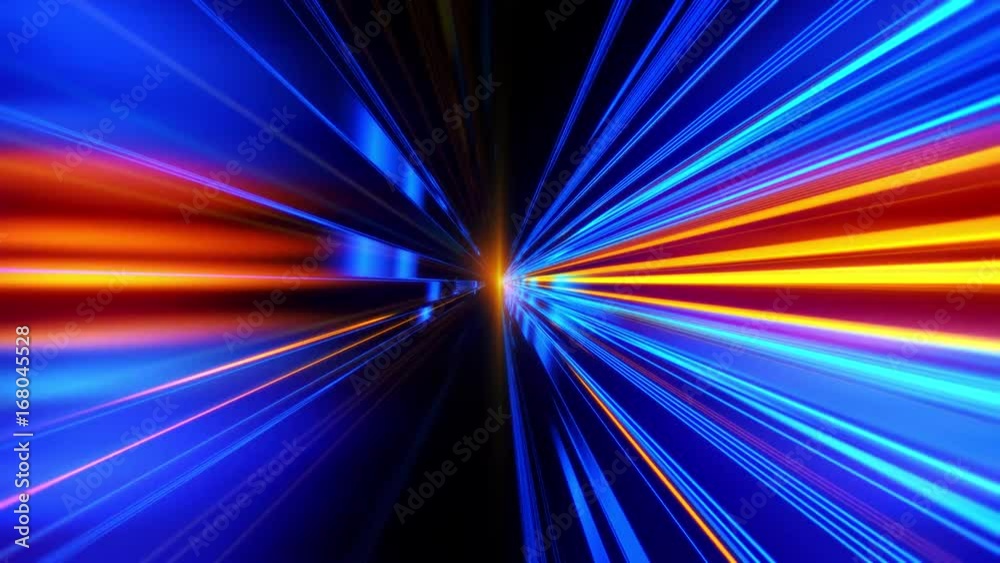 Space Gates. Space Odyssey. Speed motion on the neon glowing road at dark. Speed motion on the road. Colored light streaks acceleration. Abstract illustration. Blue and Orange Yellow motion streaks.