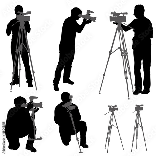 Cameraman with  video camera. Set of hand drawn vector silhouettes of videographers and cameras, detailed in gray.