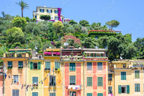Beautiful daylight view to mountains and buildings of Portofino, Italy