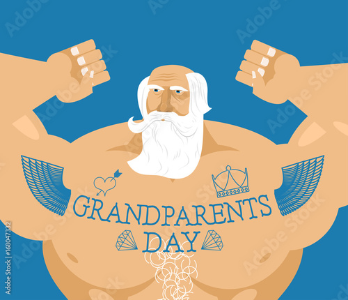 Grandparents Day. Strong grandfather with tattoos. Gray-haired beard. Day of grandmother and grandfather. Holiday of elderly person