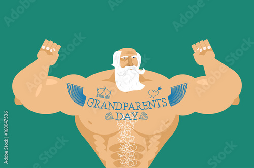 Grandparents Day. Strong grandfather with tattoos. Gray-haired beard. Day of grandmother and grandfather. Holiday of elderly person