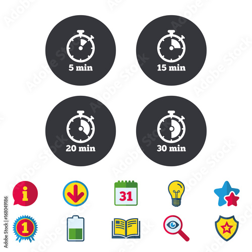 Timer icons. Five minutes stopwatch symbol.
