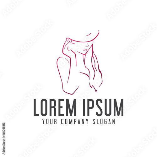 beauty woman with hat logo. hand drawn design concept template