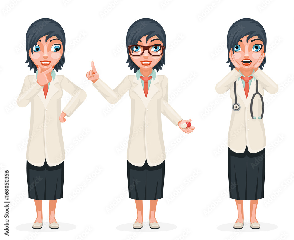 Cute Surprised Female Doctor Pill Medicine Hand Decision Making Forefinger up Advice Cartoon Character Set Isolated Design Vector Illustration Cute Surprised Female Doctor Pill Medicine Hand Decision Making Forefinger up Advice Cartoon Character Set Isolated Design Vector Illustration
