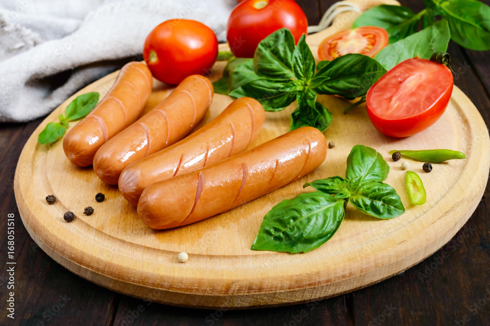 Juicy sausages with tomatoes and basil on a round cutting board on a dark wooden background. Juicy sausages with tomatoes and basil on a round cutting board on a dark wooden background.