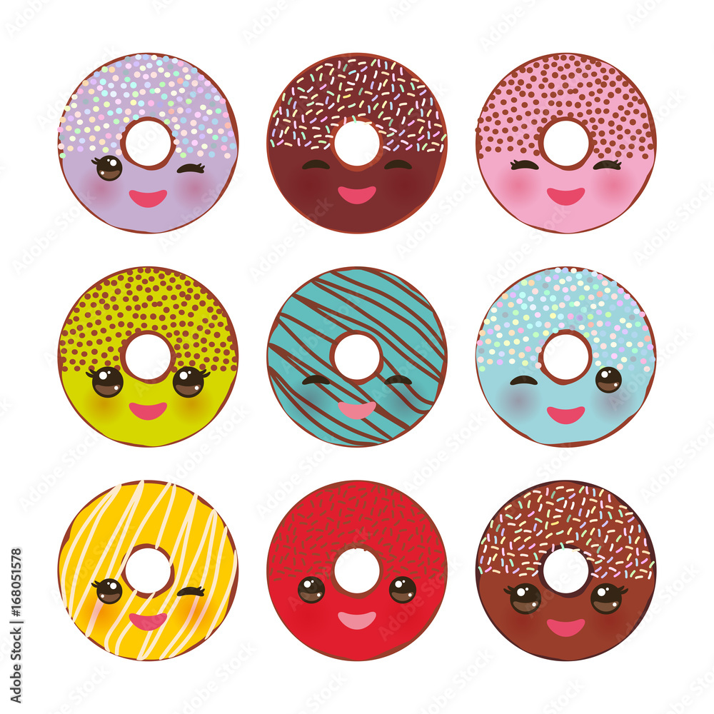 Kawaii colorful donut with pink cheeks and winking eyes, Sweet donuts ...