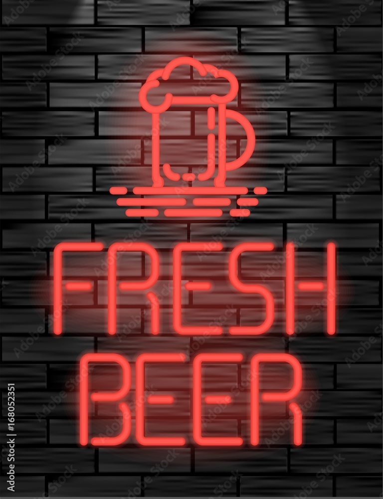 Obraz premium Fresh beer neon sign or emblem on black brick wall. Can be used for advertising and promotion, design flyer or placard.