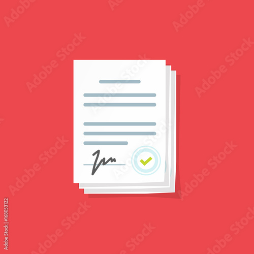 Document sign vector illustration, flat cartoon paper documents pile with signature and text, idea of contract signed doc, legal agreement, license with approved stamp, partnership form, success deal