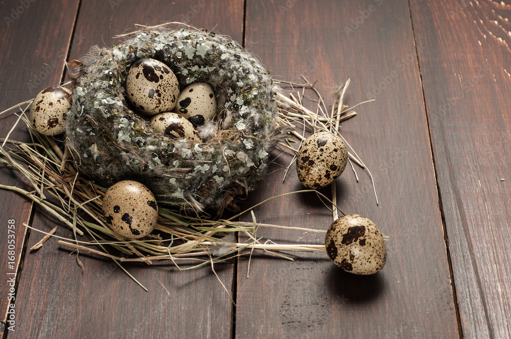 quail eggs in a nest over old wooden background quail eggs in a nest over old wooden background
