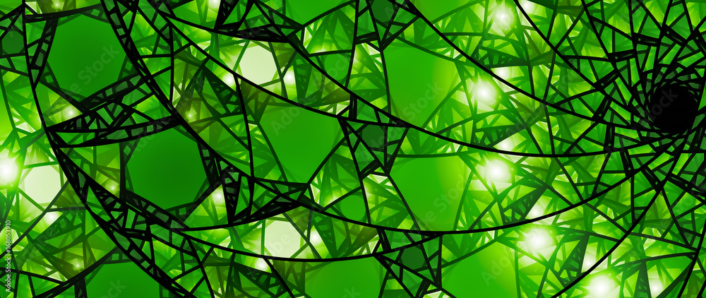 Green glowing stained glass 8k widescreen background - obrazy, fototapety, plakaty 