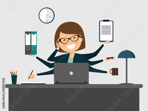 Busy secretary smiling with laptop. Vector illustration photo