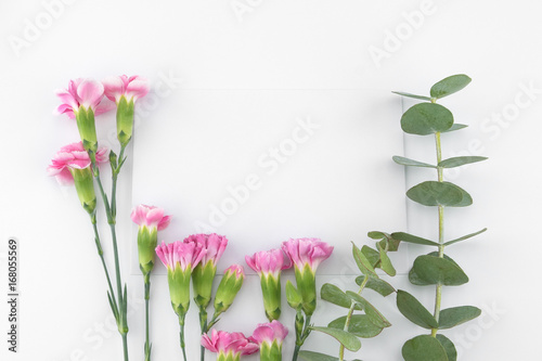Blank white cards decorated with Baby eucalyptus leaves and pink carnation flowers on white background
