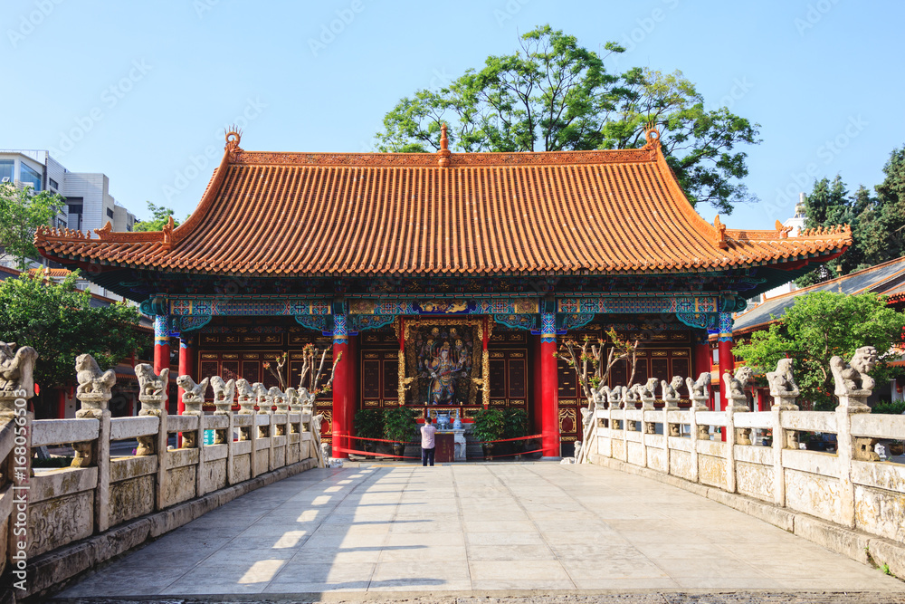 Chinese Buddhist Confucius temple with stone bridge