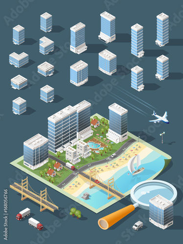 Set of Isolated High Quality Isometric City Elements . Harbor with Shadows on Dark Background