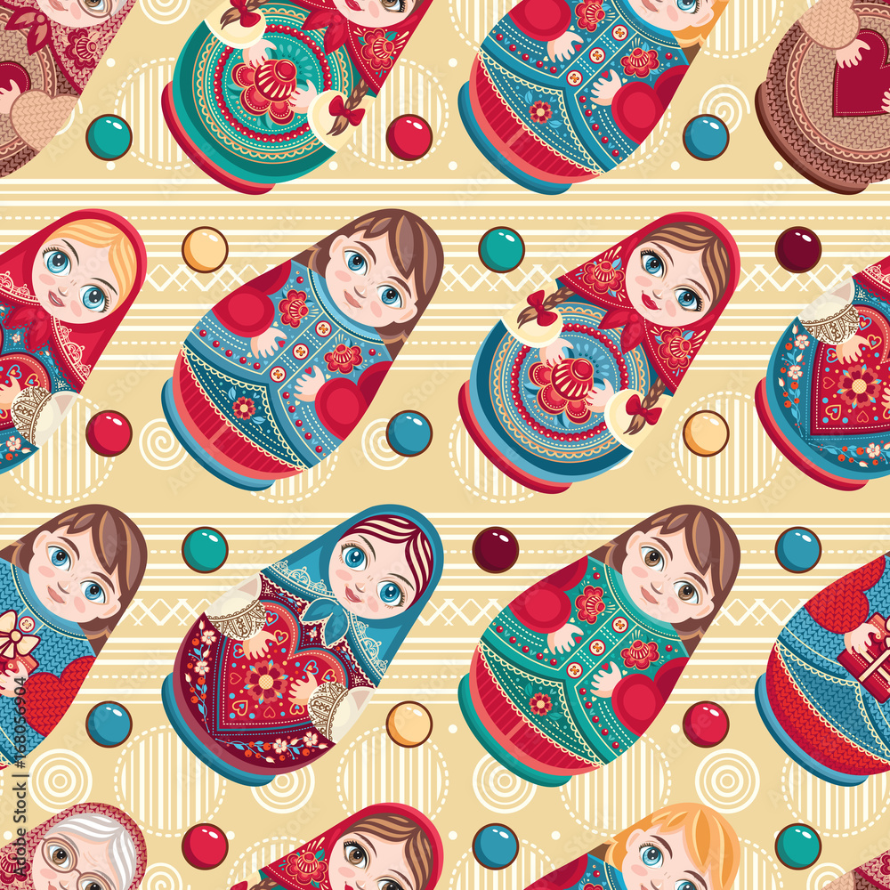 Russian souvenir. Matryoshka - babushka doll. Seamless pattern. Vector Russian souvenir. Matryoshka - babushka doll. Seamless pattern. Vector