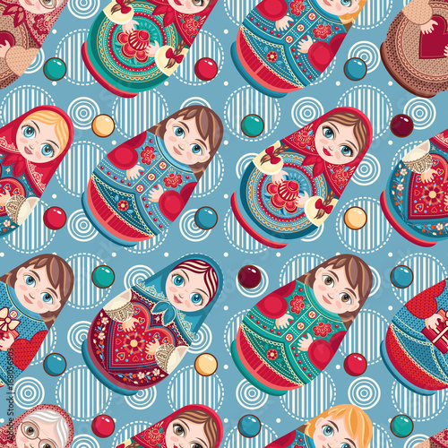 Russian souvenir. Matryoshka - babushka doll. Seamless pattern. Vector