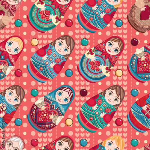 Russian souvenir. Matryoshka - babushka doll. Seamless pattern. Vector