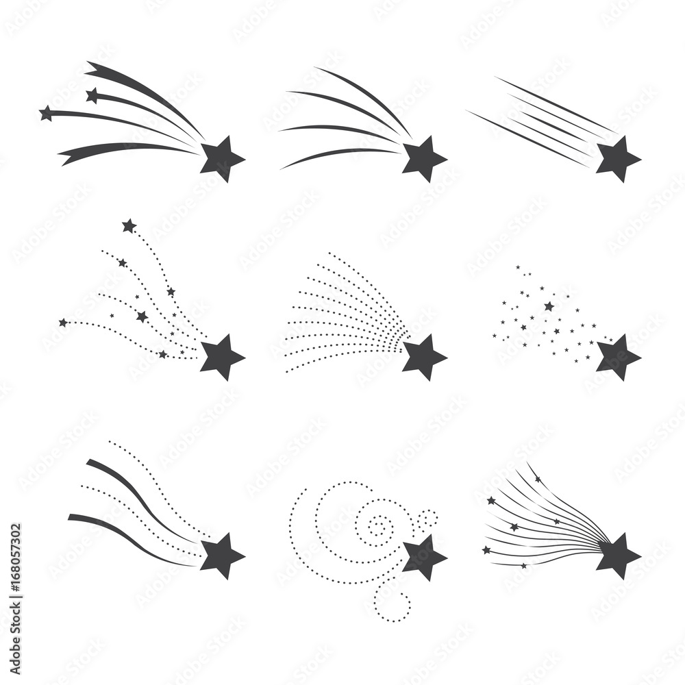 Falling stars vector set. Shooting stars isolated from background. Icons of meteorites and comets. Falling stars with different tails. Falling stars vector set. Shooting stars isolated from background. Icons of meteorites and comets. Falling stars with different tails.