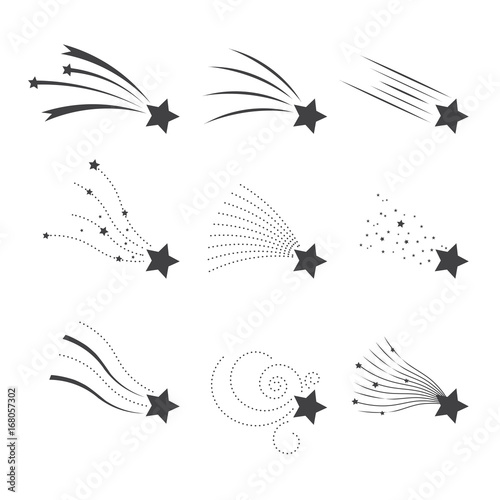 Falling stars vector set. Shooting stars isolated from background. Icons of meteorites and comets. Falling stars with different tails.