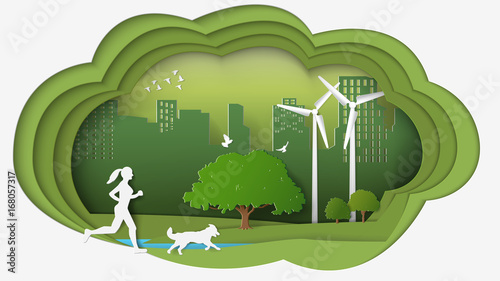 Paper folding art origami style vector illustration. Renewable energy ecology technology power saving environmentally friendly concepts. Dimension of thinking woman, dog running into green city parks.