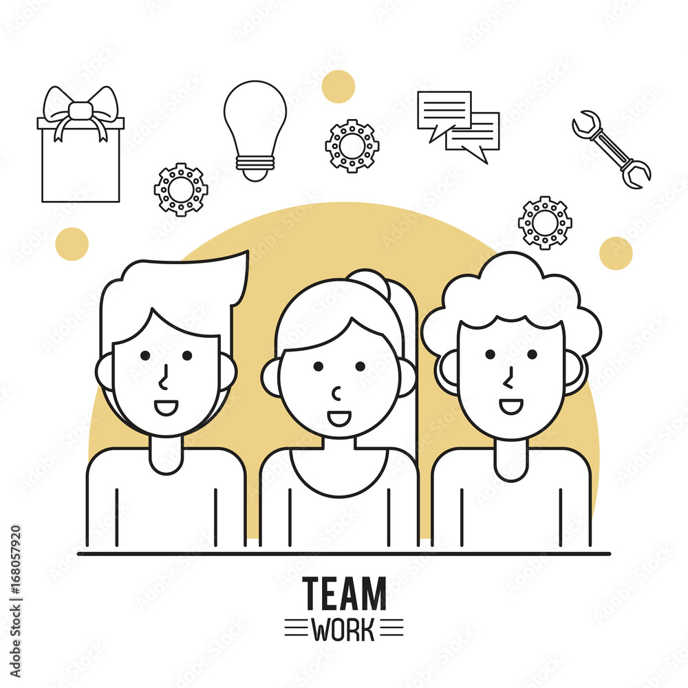monochrome poster of team work with half body group of woman and two men and icons tools on top vector illustration monochrome poster of team work with half body group of woman and two men and icons tools on top vector illustration