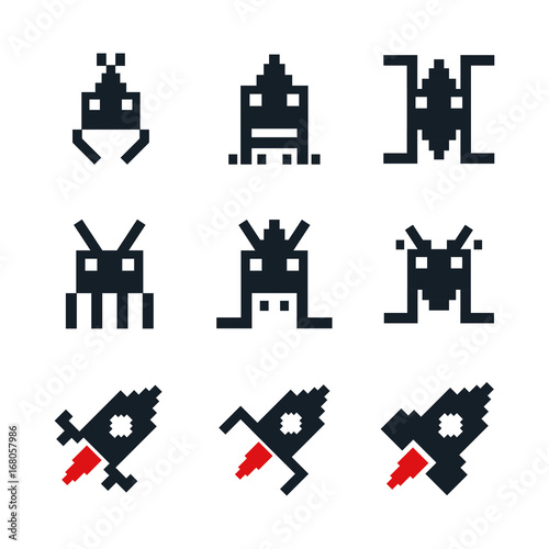 white background with icons space aliens and spatial rocket old arcade game vector illustration