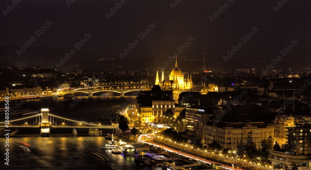 Budapest at night with Chain Bridge and Parliament.