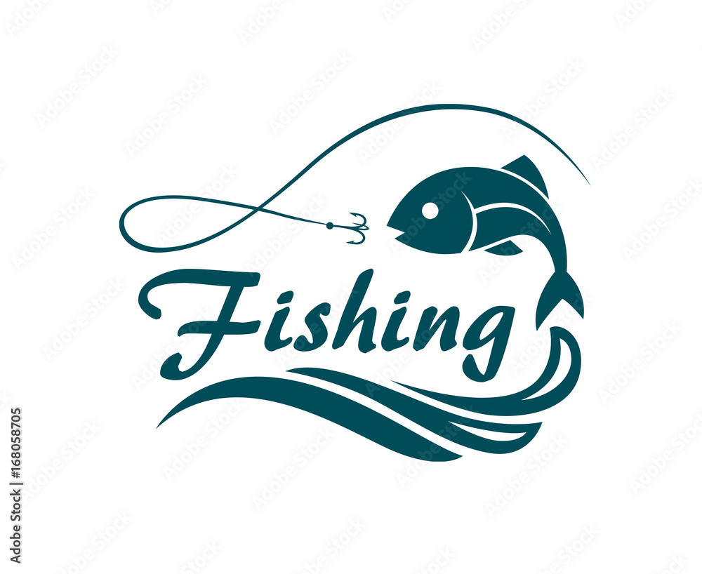 fishing emblem with fish, waves and hook fishing emblem with fish, waves and hook