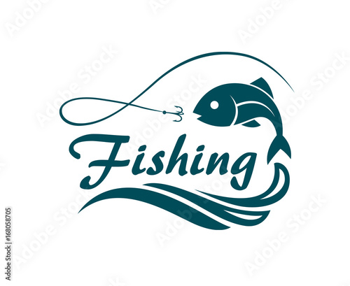 fishing emblem with fish, waves and hook