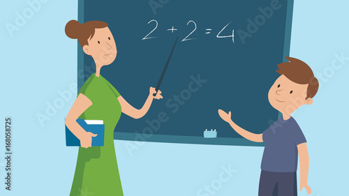 Teacher explaining math at the board to a little boy. Vector cartoon illustration